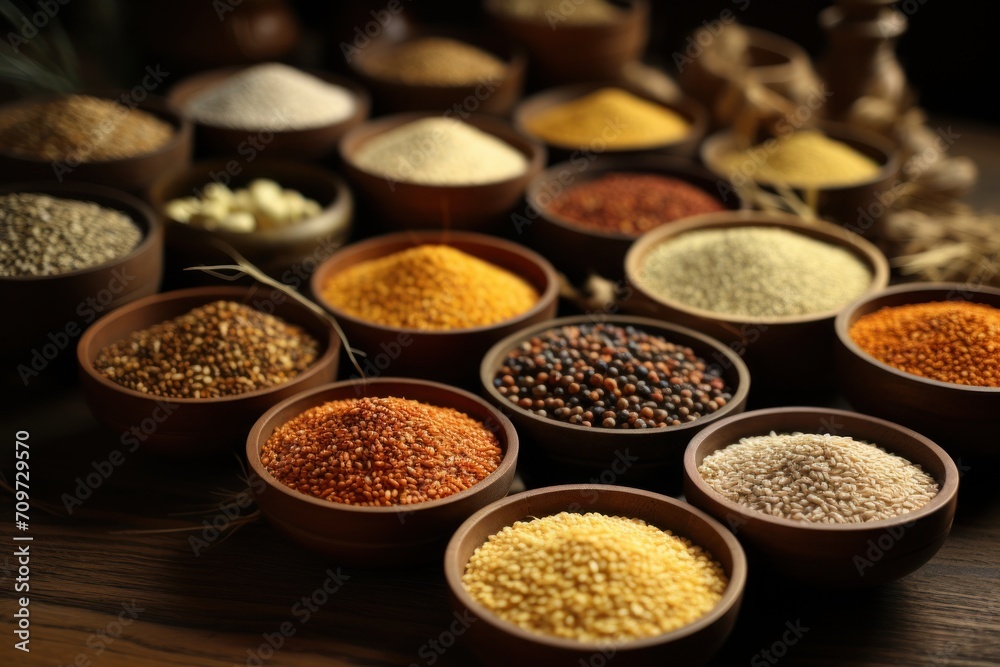 View of allergens commonly found in food grains. a group of cereals. various types of rice in different containers