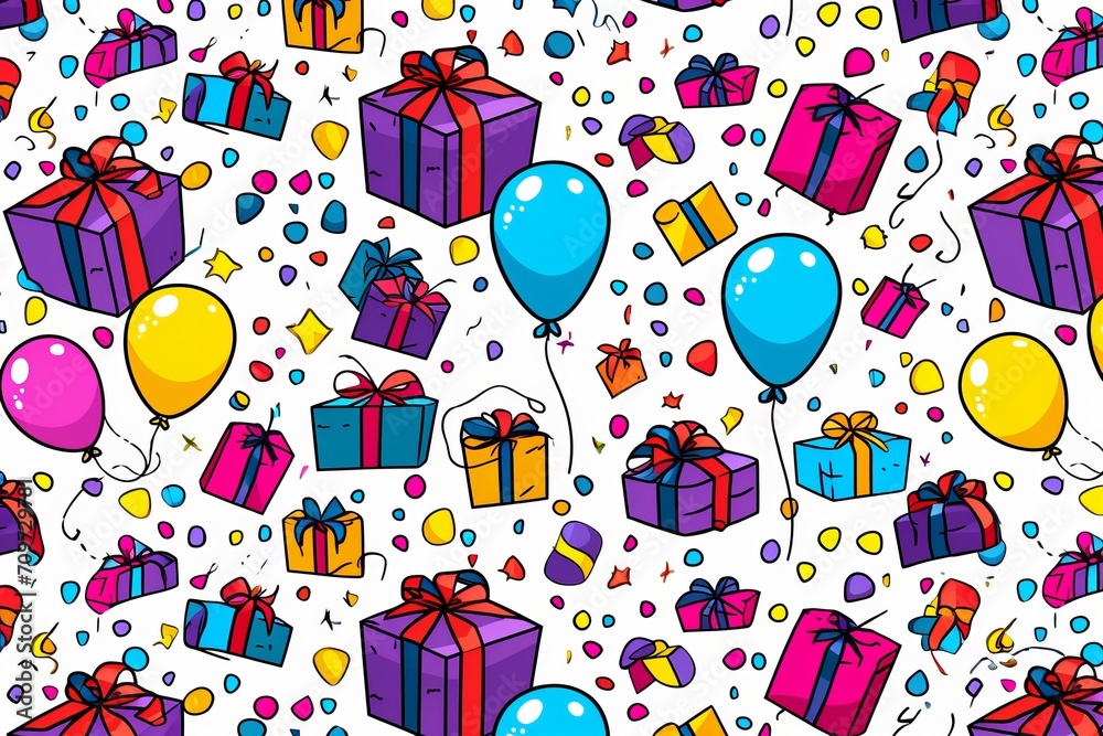 Cartoon cute doodles featuring adorable balloons, presents, and confetti in a playful and celebratory birthday seamless design, Generative AI 