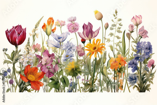 Colorful Floral Meadow: A Vibrant Watercolor Illustration of a Summer Garden with Blossoming Flowers and Lush Greenery, a Retro Vintage Botanical Drawing on a White Background