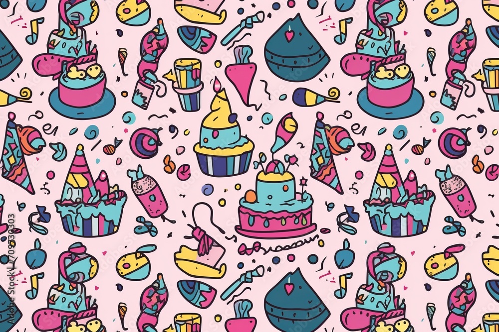 Cartoon cute doodles featuring hand-drawn elements like party hats, cakes, and presents in a whimsical and delightful birthday seamless pattern, Generative AI Cartoon cute doodles featuring hand-drawn elements like party hats, cakes, and presents in a whimsical and delightful birthday seamless pattern, Generative AI