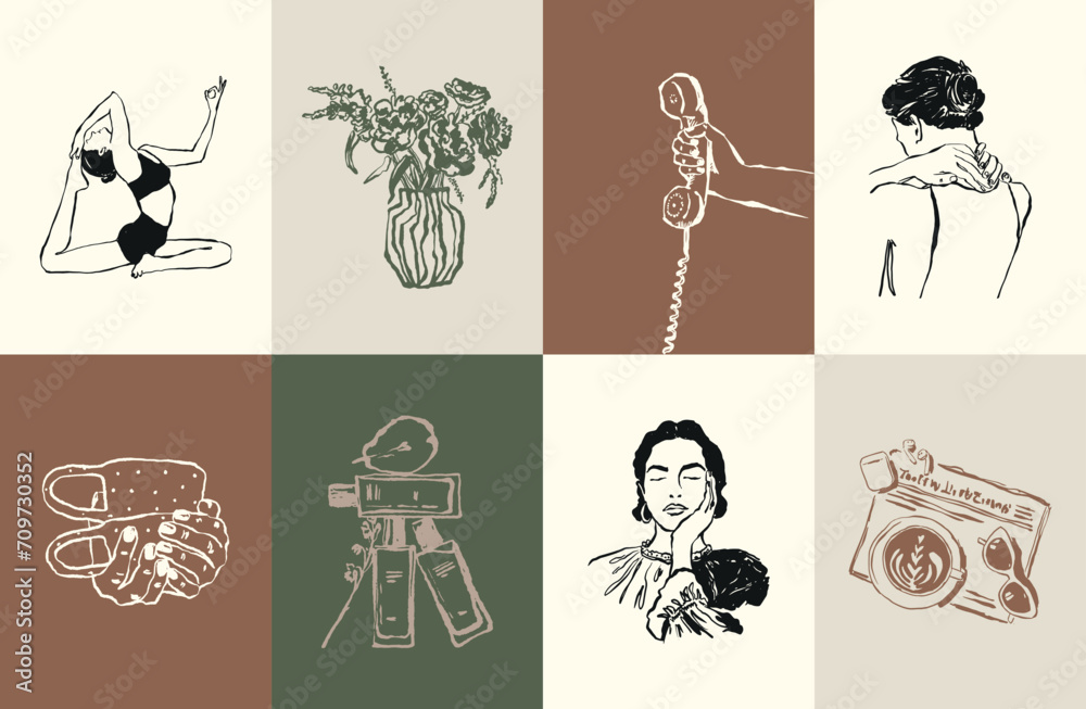Minimalist bohemian modern art illustrations. Art for poster design, banners, wallpapers, brand identity, backgrounds.
