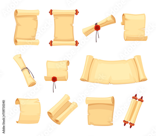 ancient manuscript papyrus. treasure texture cartoon minimalistic sheet, vintage scroll fairy, fantasy element, parchment. vector cartoon items collecion.
