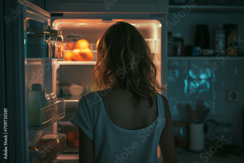Rear view of hungry woman looking in the fridge late at night searching for a snack photo