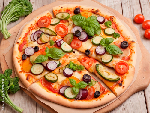 Pizza with mozzarella cheese, tomato, zucchini and olives