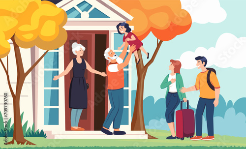 family meeting background. grandparents meet children, cartoon happy minimalistic characters collection parents visiting townhouse. vector cartoon characters background.