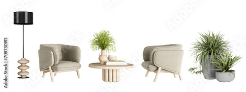 Modern interior furniture set in 3d rendering	 photo