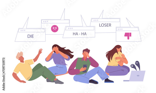 online abused characters. online haters, web internet social networks cyber bullying, harassment depressed unhappy network cyberbulled characters concept. vector cartoon charcters collection.