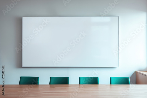 Meeting room with blank poster on wall. Projector and a screen. an empty room. © Marat