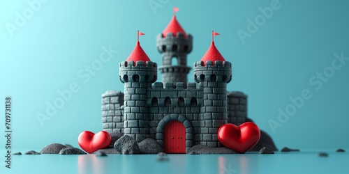 Magic black Princess Castle with red heart. Cartoon Style. Children’s game. Games. Fantasy kingdom. Toy. 3D Illustration for book. Copy space for text. Valentine’s Day Card. Love. Isolated on blue