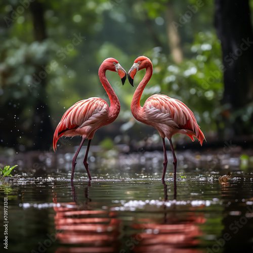 two flamingos stand together in water