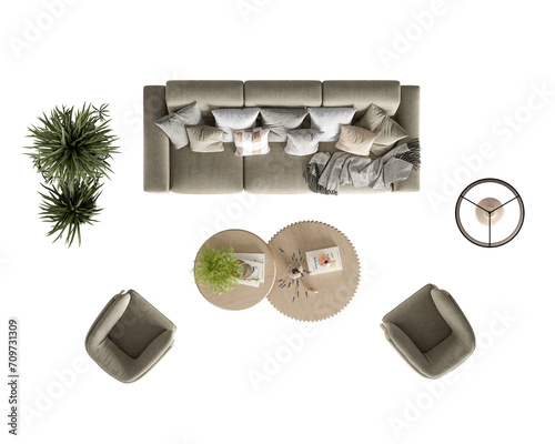 Top view modern sofa and plant in living room on white	
