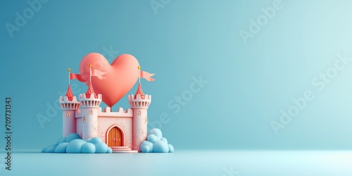 Magic Pink Princess Castle with red heart. Cartoon Style. Children’s game. Games. Fantasy kingdom. Toy. 3D Illustration for book. Copy space for text. Valentine’s Day Card. Love. Isolated on blue