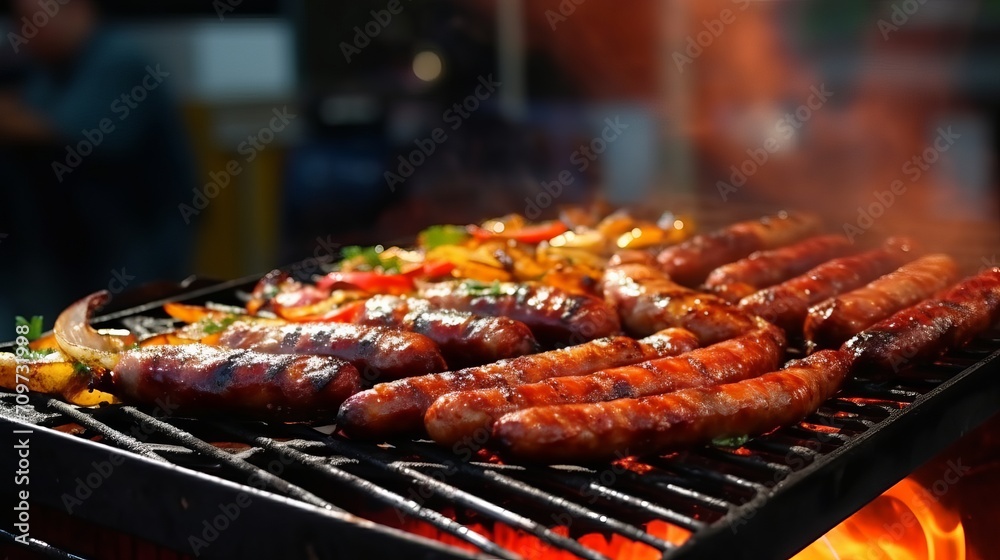 Street cuisine, homemade sausages, and meat grilled on the grill with potatoes are examples of meat delicacies.