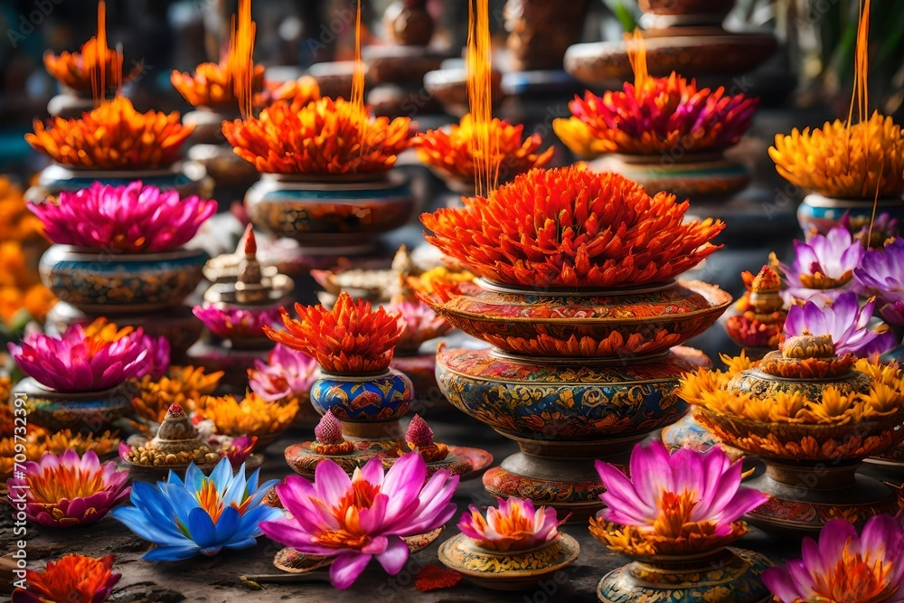 Colorful exotic flowers and incenses stacked. offerings in Balinese tradition