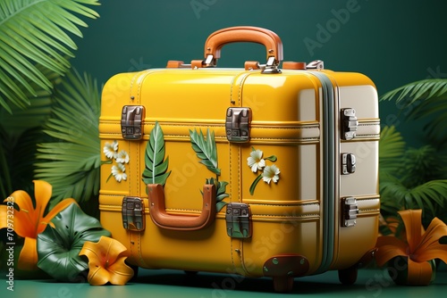 Destination Travel with a Sunshine Yellow Suitcase, on an isolated Tropical Green background, Generative AI