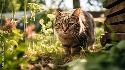 Tabby Cat Exploring the Garden. A curious tabby cat moves stealthily among the greenery of a lush garden, exploring its natural surroundings with keen interest. © irissca