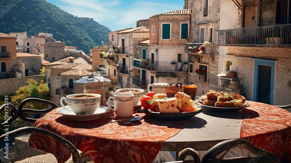 Coffee and food on a table for lunch in an outdoor cafe in a typical Greek traditional town in Greece.