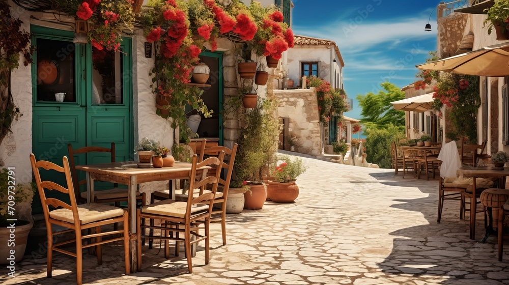 Coffee and food on a table for lunch in an outdoor cafe in a typical Greek traditional town in Greece.