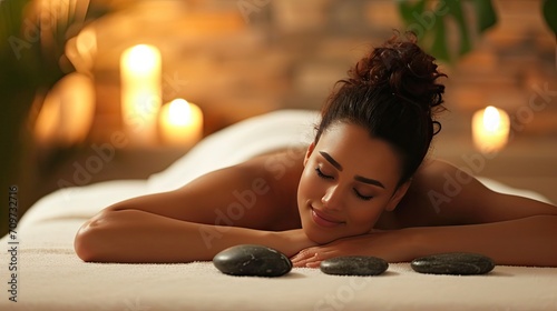 young woman with a serene expression receiving a shoulder massage at a spa