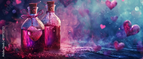 Heart-Shaped Love Potion Bottle on magic Background. A bewitching love potion magical aura, with witchcraft spell symbols and flowers. Ancient Magic Love Potion for Your Valentine