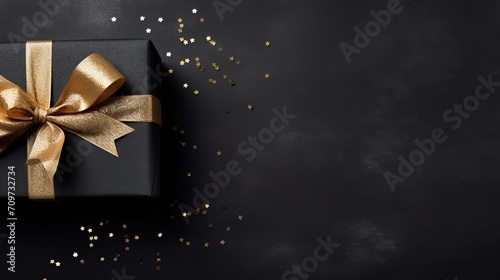 Horizontal with copy space, one gift wrapped in luxurious black paper and adorned with a luxurious ribbon on a dark background
