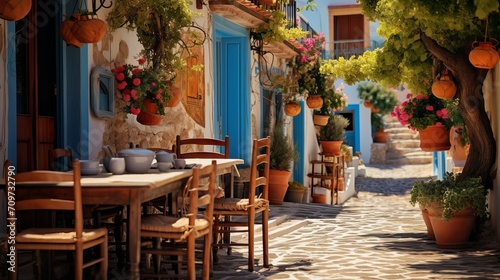 Coffee and food on a table for lunch in an outdoor cafe in a typical Greek traditional town in Greece. © Suleyman