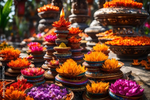 Colorful exotic flowers and incenses stacked. offerings in Balinese tradition