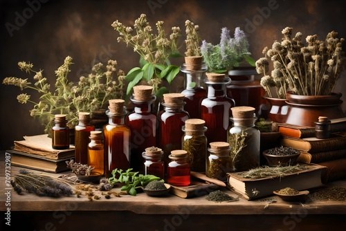 Tincture bottles  bunches of dry healthy herbs  stack of antique books  mortars   of medicinal herbs. Herbal medicine