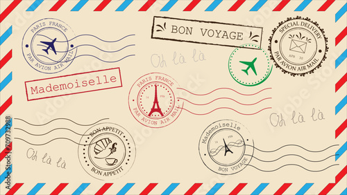 Paris France, Oh la la, Bon Appetit, Mademoiselle, Bon Voyage - Set of Vintage Postal Rubber Stamps