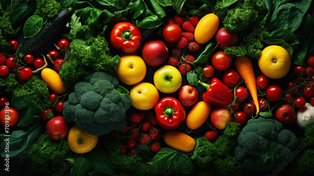 Fresh organic vegetables and greens background. Healthy Mediterranean diet. Holistic nutrition concept. Generative AI