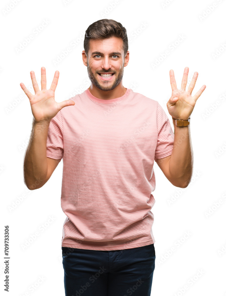 Young handsome man over isolated background showing and pointing up with fingers number nine while smiling confident and happy. Young handsome man over isolated background showing and pointing up with fingers number nine while smiling confident and happy.