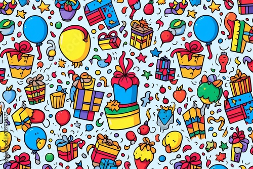 Cartoon cute doodles illustrating a variety of birthday elements, including party horns, gift bags, and birthday candles, in a festive seamless design, Generative AI