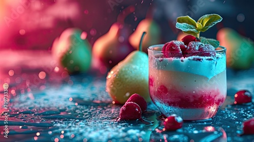 A chilled molecular gastronomy dessert bursts with berries and neon lighting photo