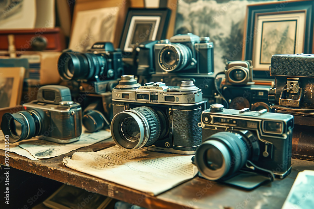 Old film cameras and vintage photography equipment.