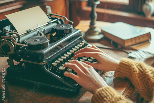 Hands using a classic typewriter with vintage paper in retro environmental.