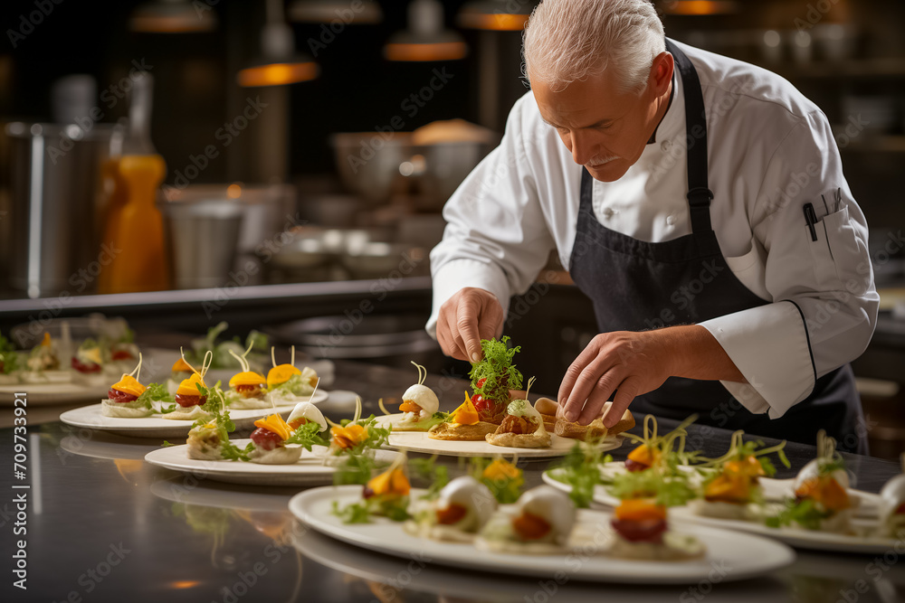 A professional chef meticulously garnishes appetizers in a commercial kitchen, highlighting culinary expertise and restaurant service A professional chef meticulously garnishes appetizers in a commercial kitchen, highlighting culinary expertise and restaurant service