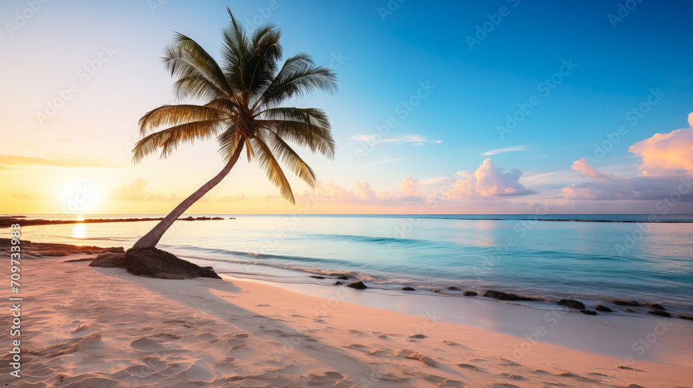 Tranquil tropical beach with a single palm tree leaning over clear blue water at sunset