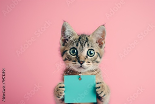 Mischief Managed: Tabby Kitten with a Teal Tag on Pink Background