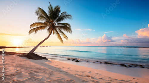 Tranquil tropical beach with a single palm tree leaning over clear blue water at sunset © fotogurmespb