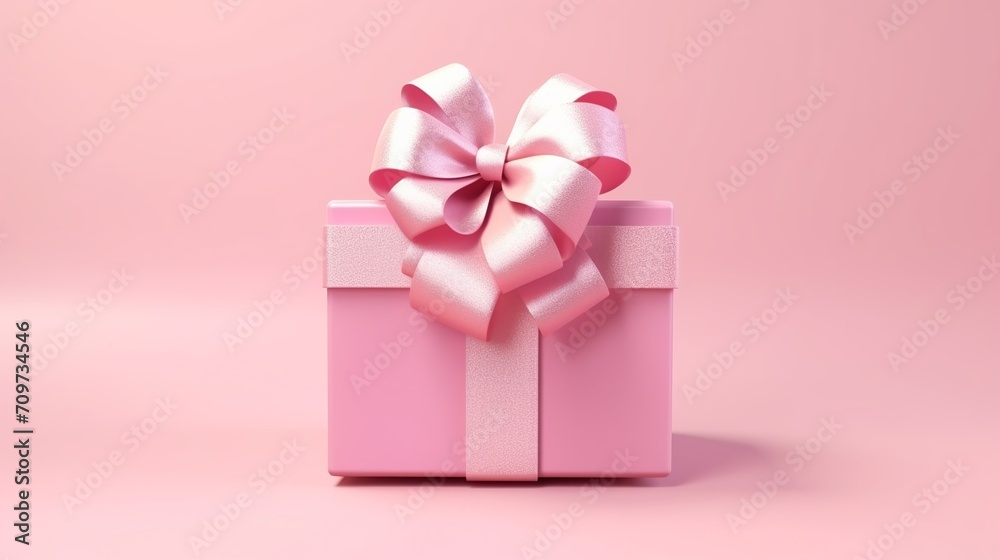 3D depiction of a pink square gift box with an open metallic bow-ribbon Valentine's Day idea