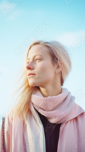 Portrait of a beautiful young woman in a pink coat and scarf