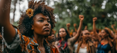 A group of diverse women raising fists in unity and strength, symbolizing empowerment and solidarity, possibly at a social justice event or demonstration © AI Petr Images