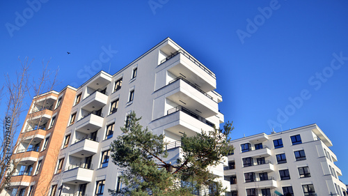 Residential area with modern apartment building. Multi Storey modern, new and stylish living block of flats.