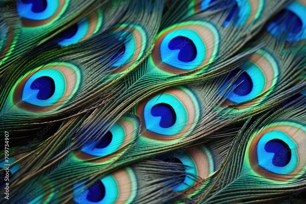Obraz premium Peacock feathers closeup. Colorful peacock feathers