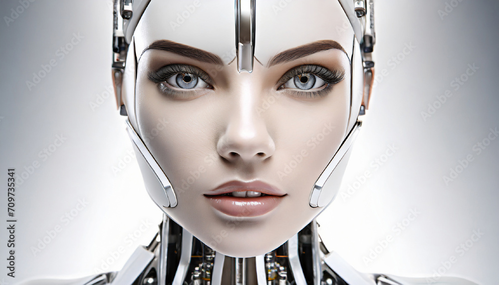 Zblizenie na twarz androida o twarzy pieknej kobiety. AI Generative. - obrazy, fototapety, plakaty 