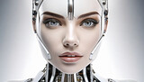 Zblizenie na twarz androida o twarzy pieknej kobiety. AI Generative.