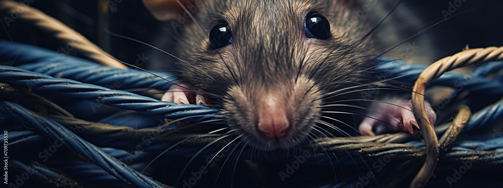 the rat eats and bites the wiring cable - obrazy, fototapety, plakaty 