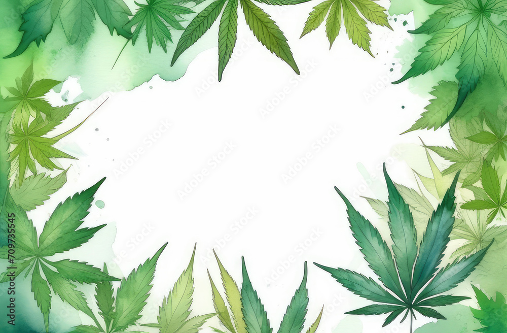 watercolor illustration of marijuana. border of cannabis leaves with copyspace on white background