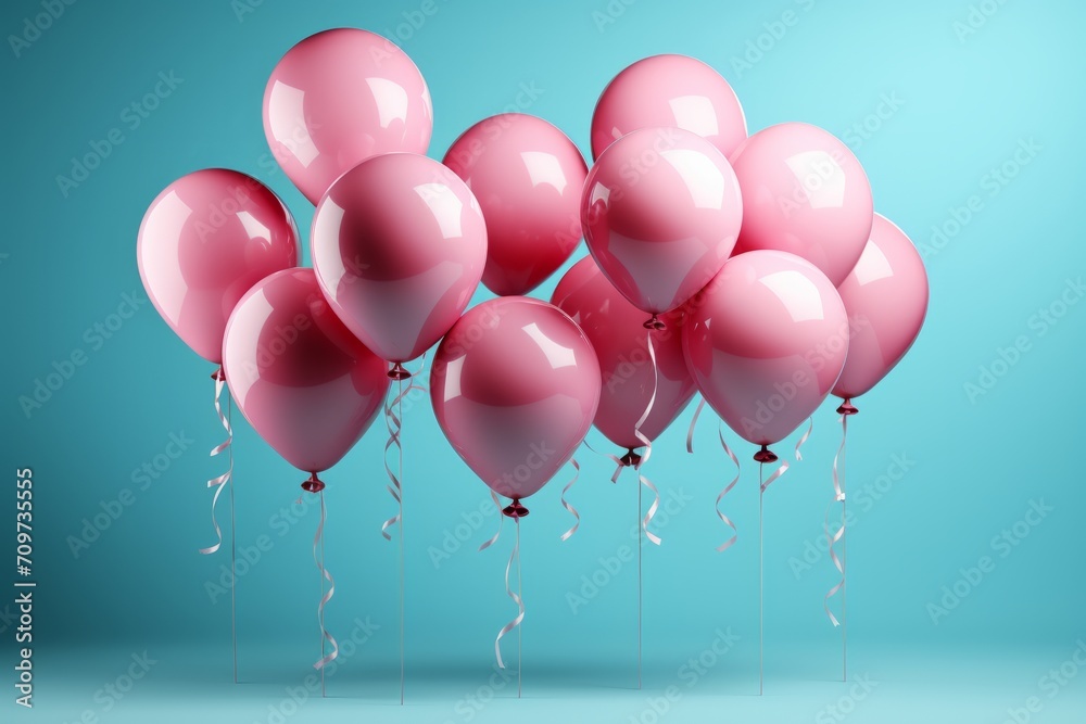 Cheerful Pink Balloons on a Soft Blue Horizon, on an isolated Aqua Blue background, Generative AI