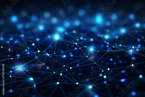 Abstract Technology Network of Blue Grid and Particles on Dark Background